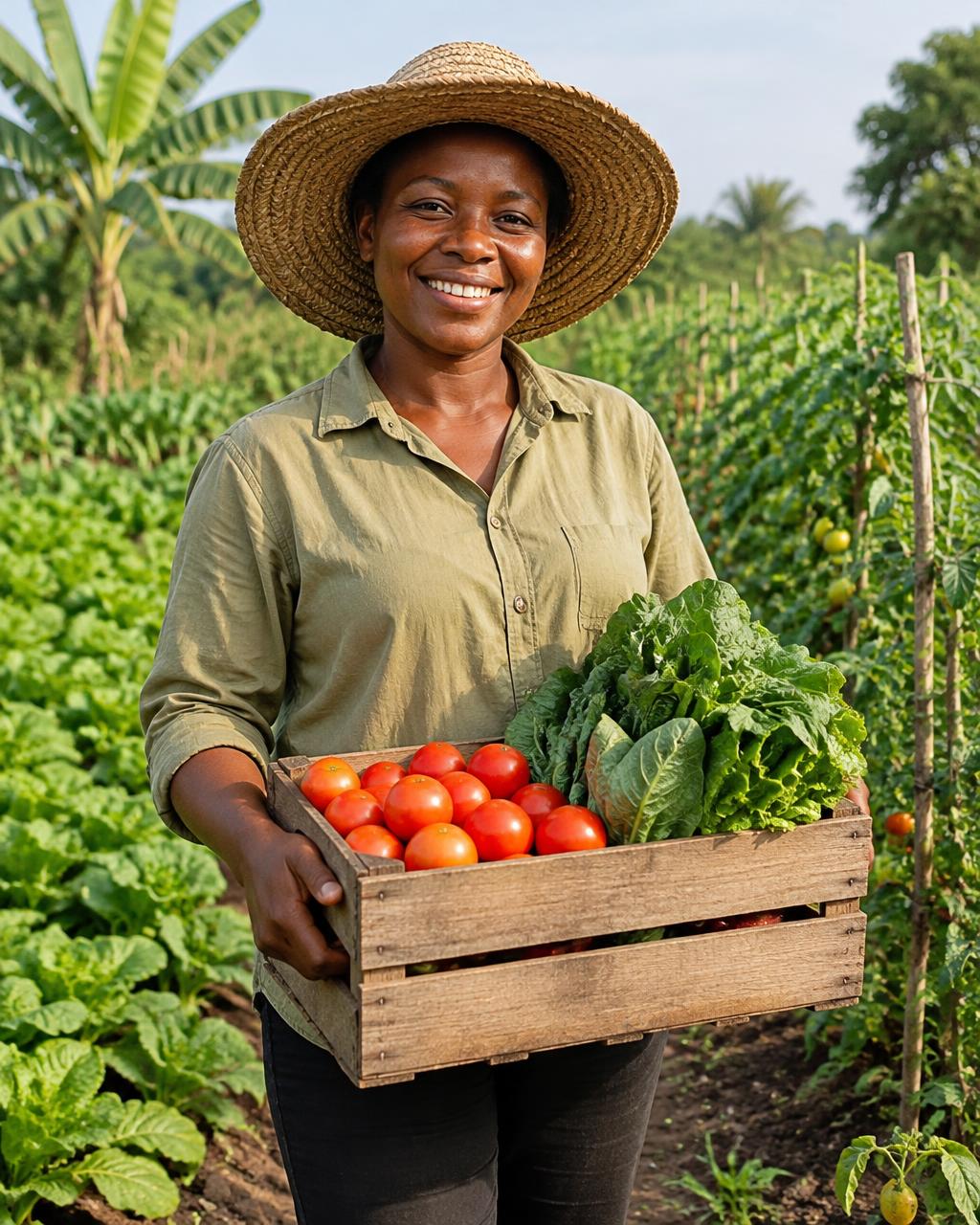 Illustrative portrait of a Nigerian farmer holding fresh harvest