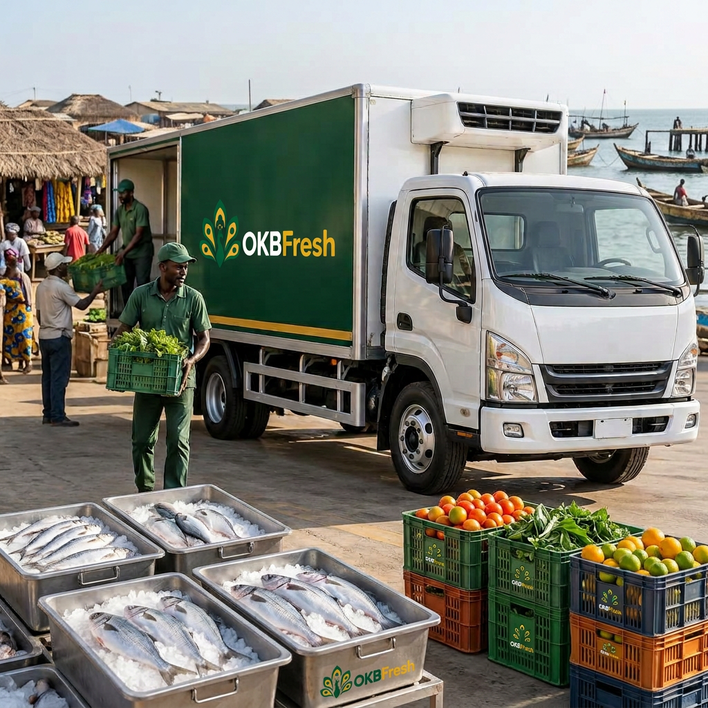 Refrigerated truck loading crates of fresh produce