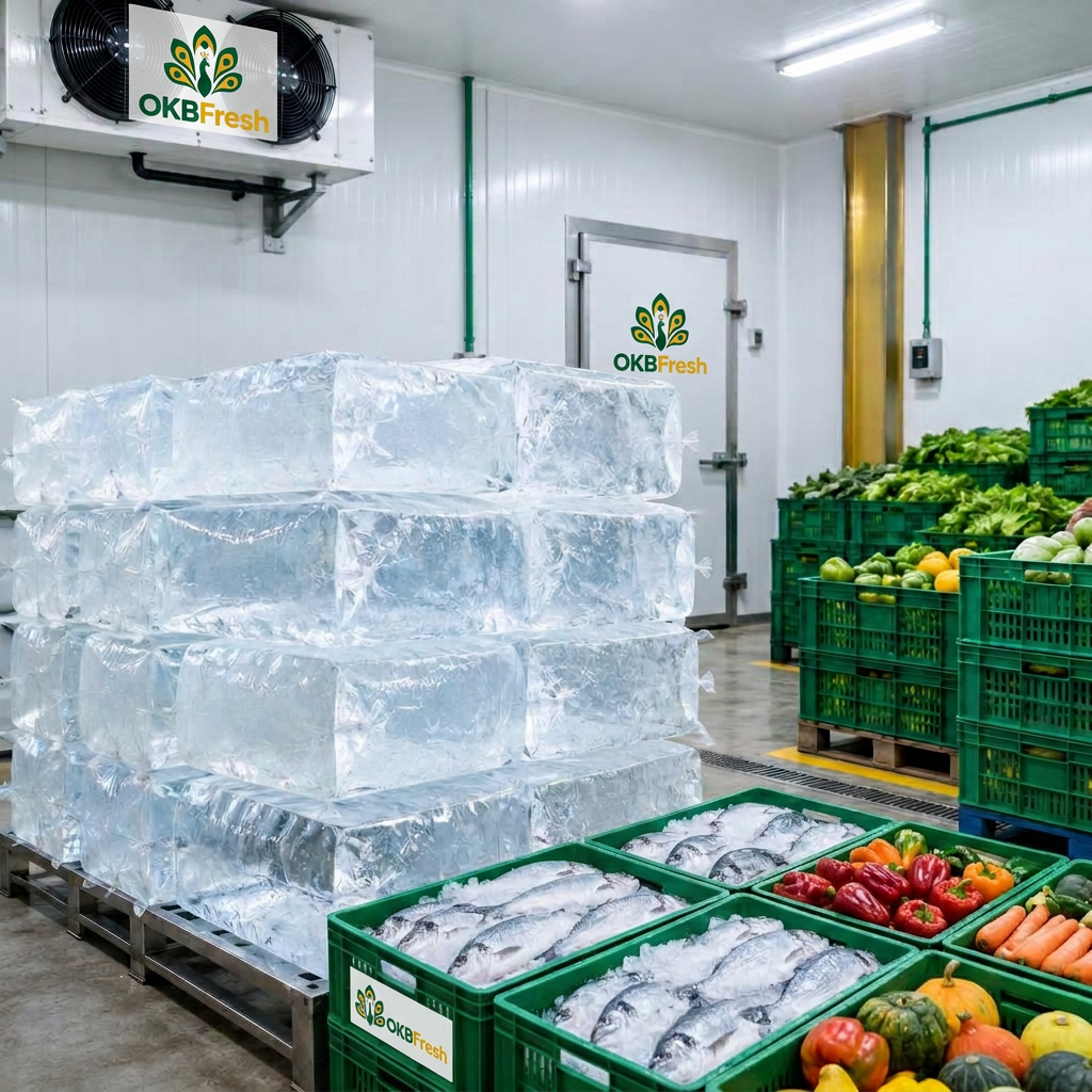Ice and separate crates of fresh fish and vegetables inside a cold room