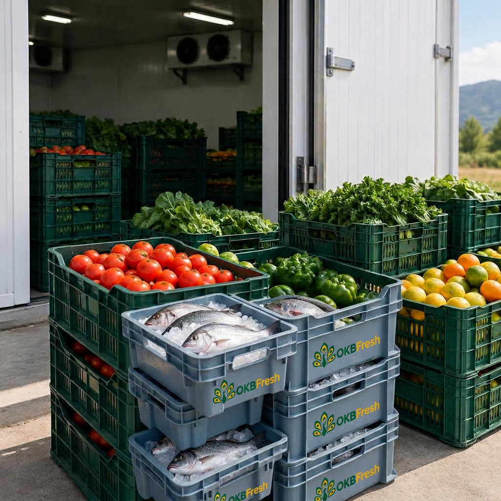 Separate fish and produce crates with OKBFresh peacock branding